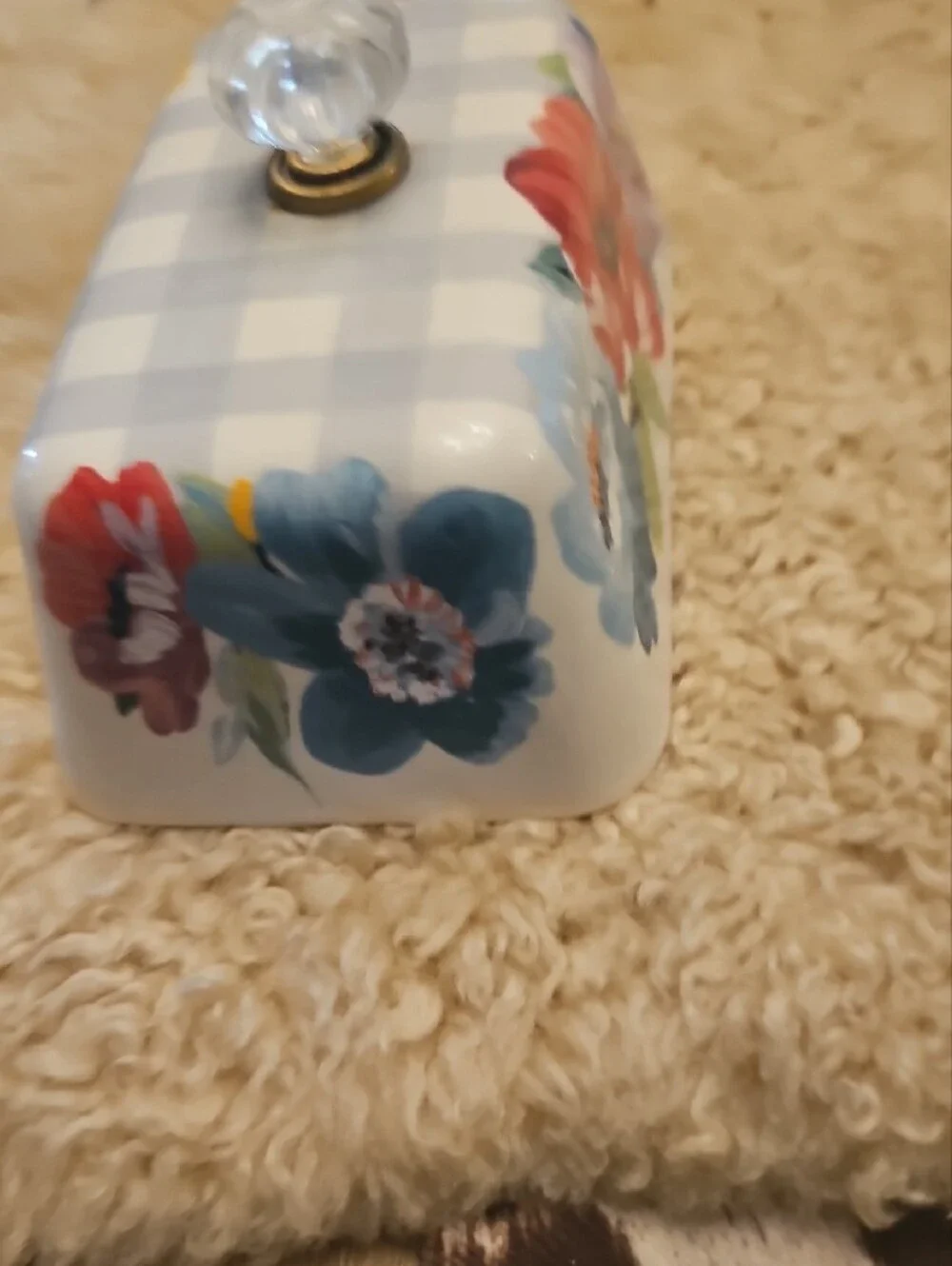 The Pioneer Woman Light Blue Floral Ceramic Butter Dish with Clear Glass Knob